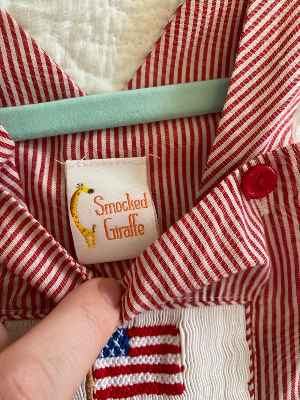 Red Striped Baby Boy Overalls with Smocked Flag Jon Jon - Picture 2 of 5